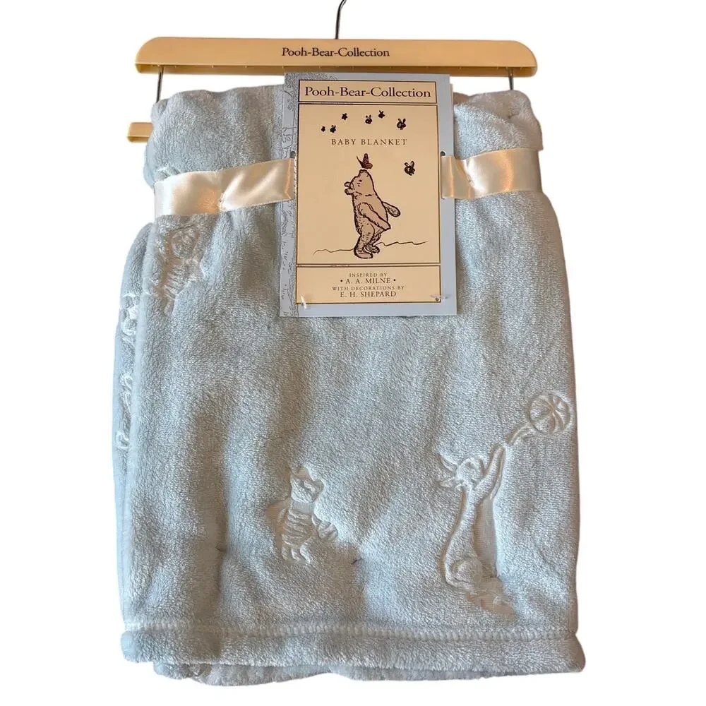 Winnie the Pooh Bear Collection Embossed sports Lovey Plush Baby Blanket Blue
